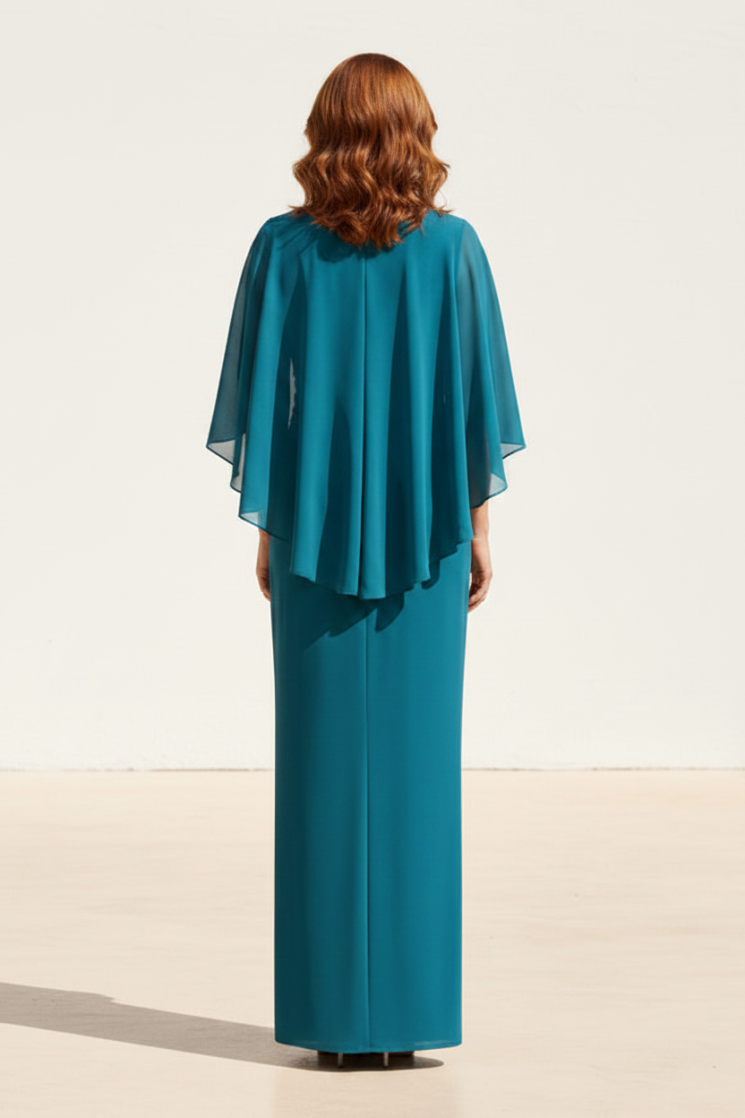Elegant Scoop Neck Sheath Gown with Cape Overlay