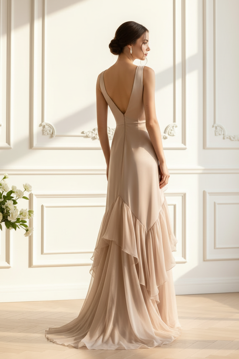 Sleeveless Satin Ruffle Hem Evening Gown