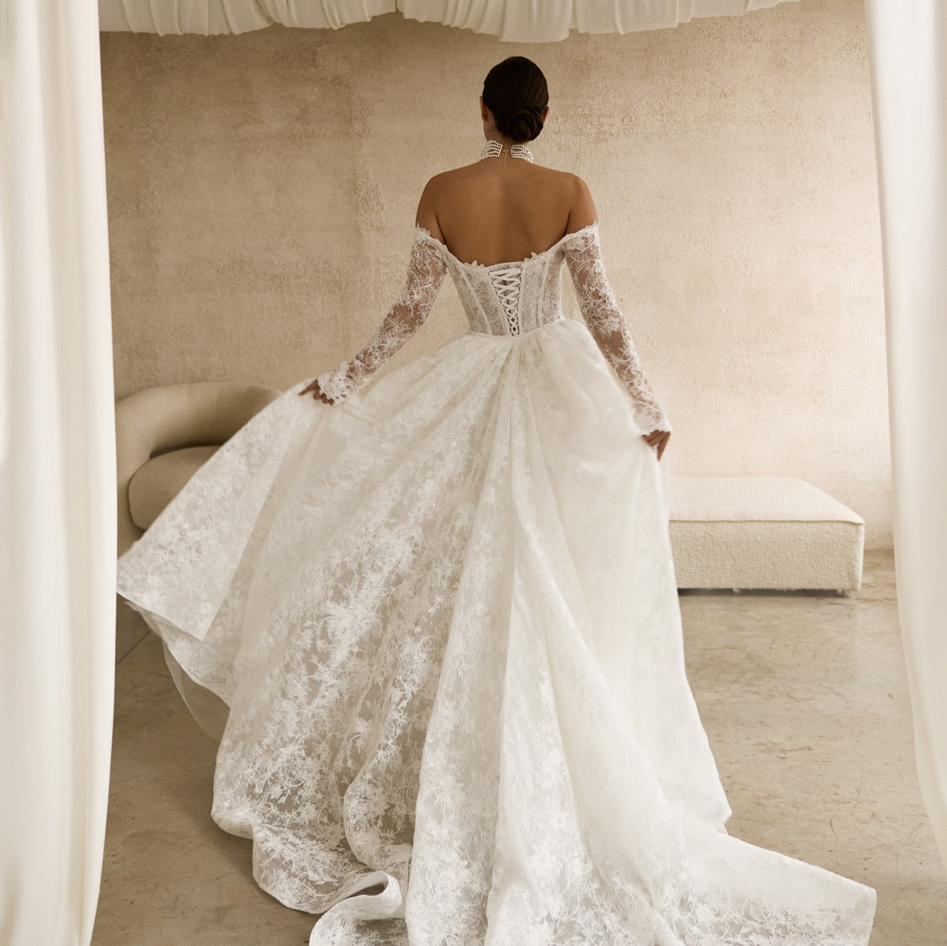 Off-the-Shoulder Lace Mermaid Dress with Overskirt