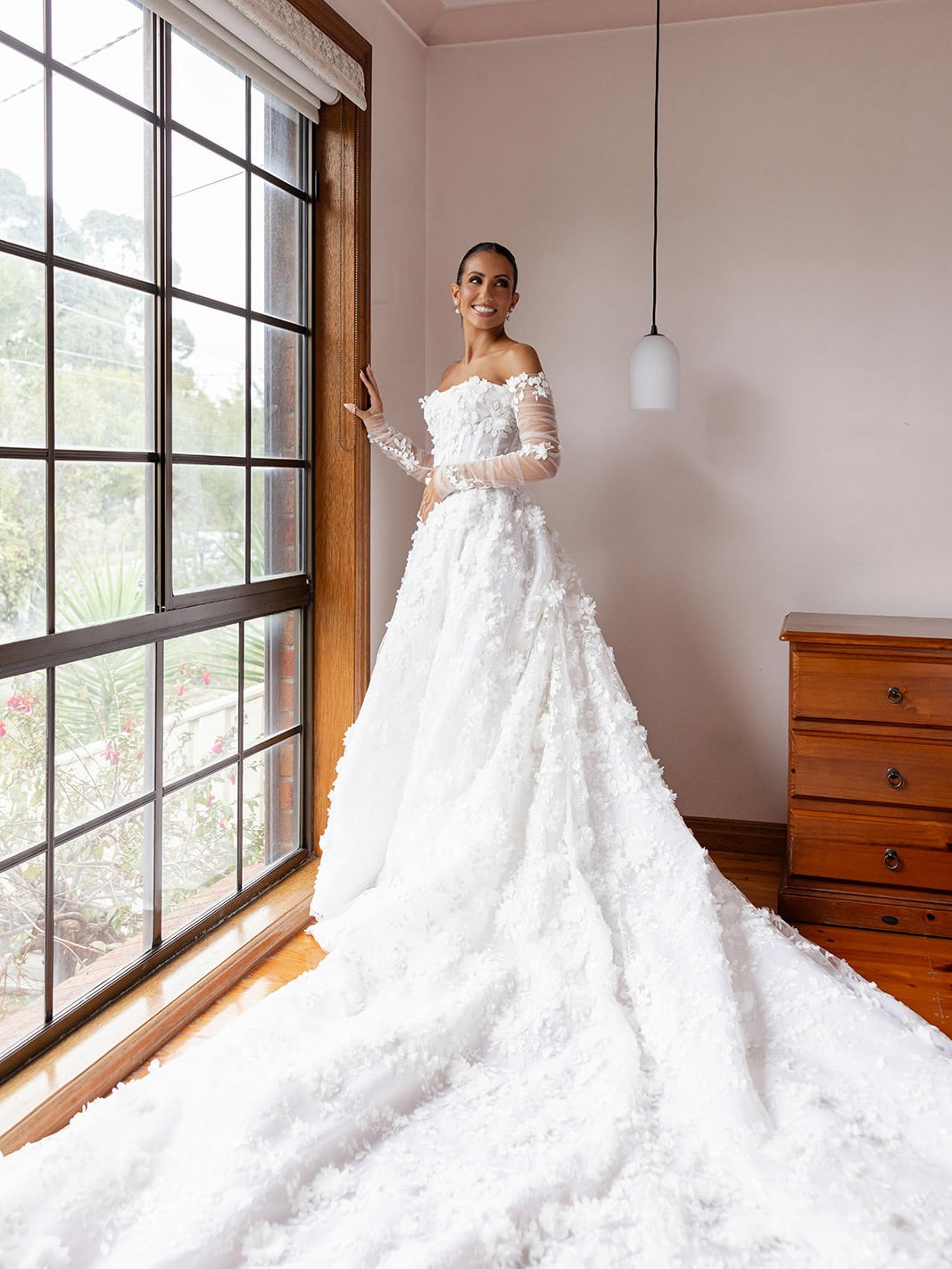 Off-The-Shoulder 3D Floral Corset Wedding Dress