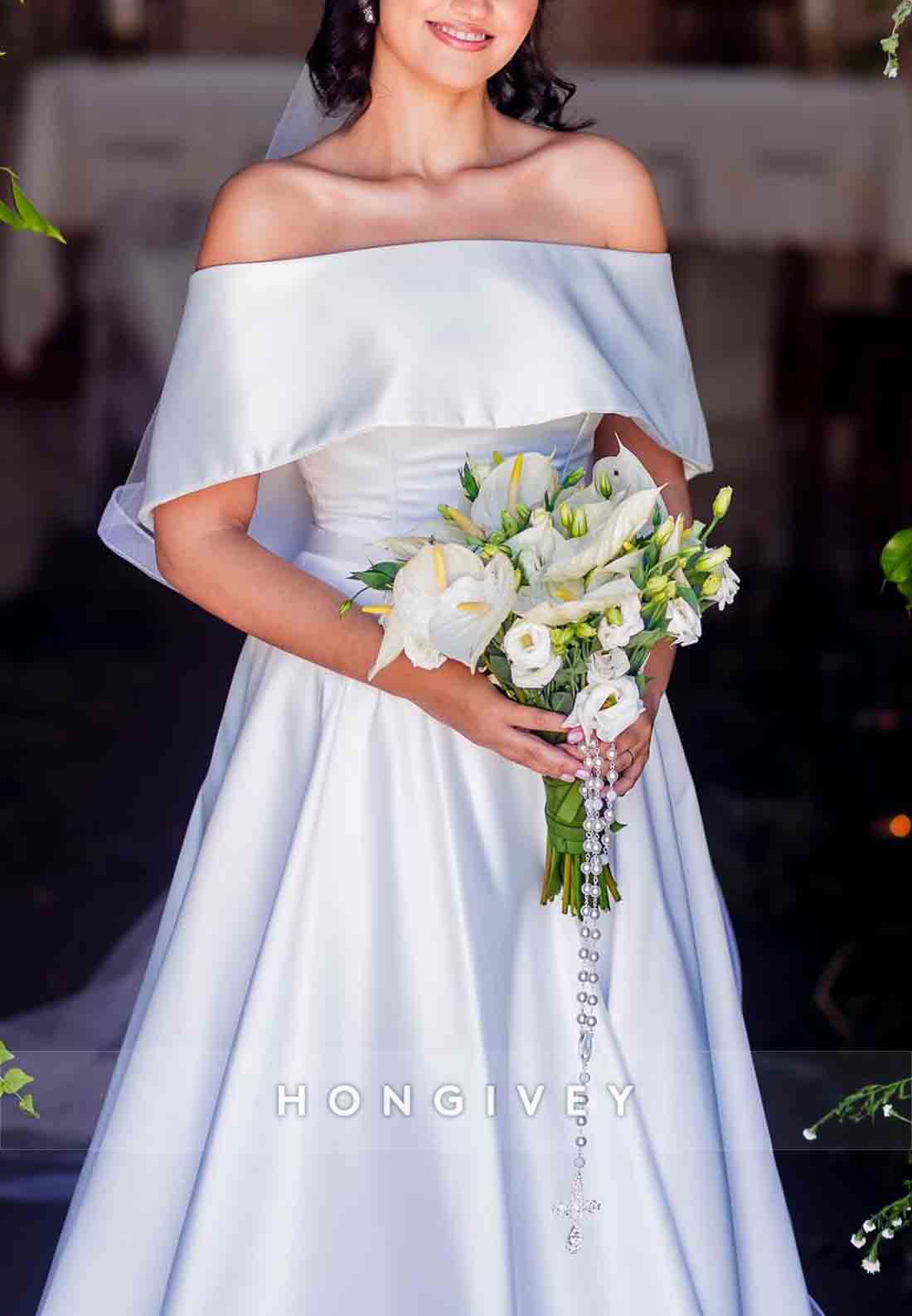 Off the Shoulder Satin Pleated Sweep Train Shawl A-Line Wedding Dresses