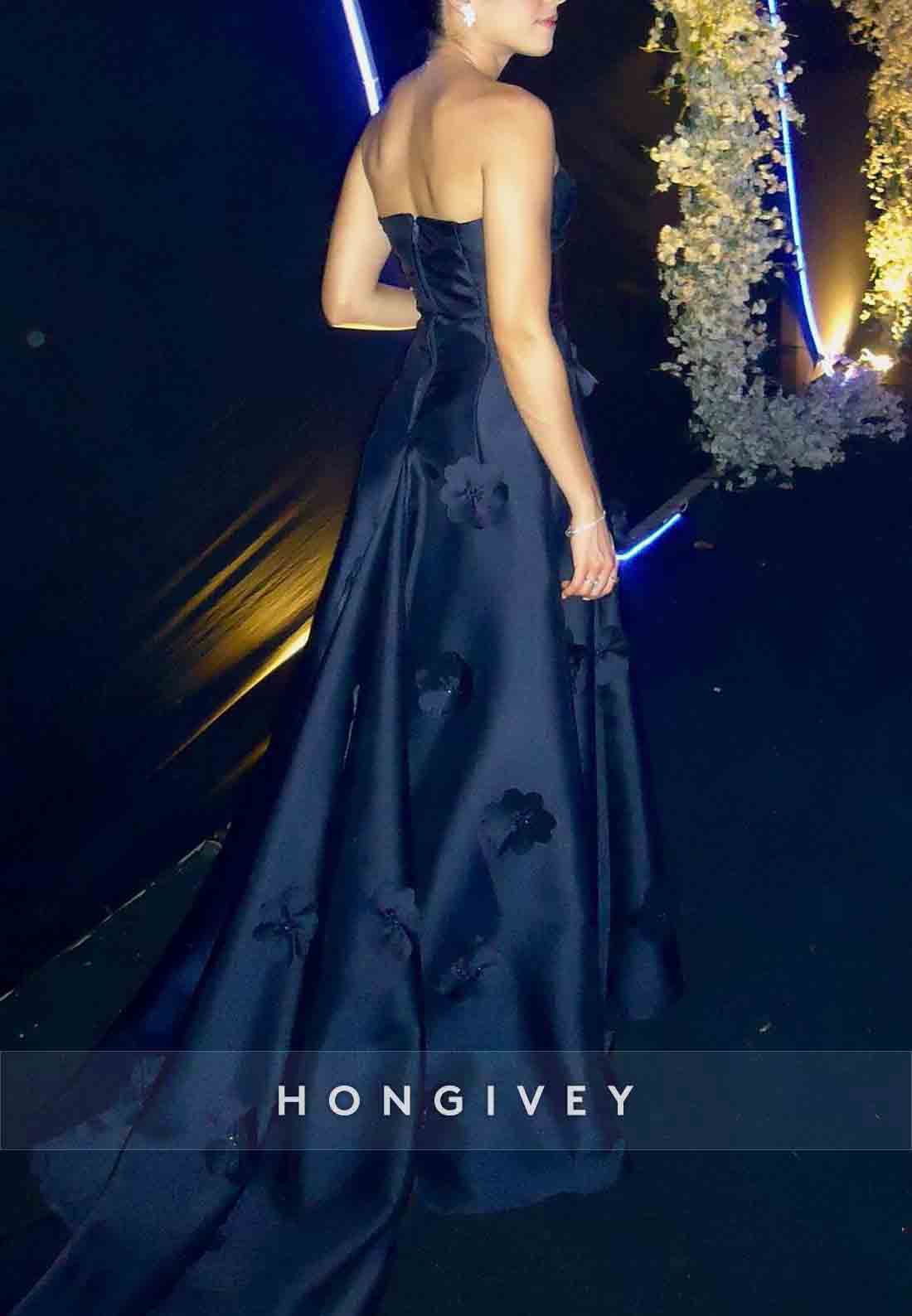 Navy Blue Sweetheart Evening Gowns Floor-Length with 3D Flowers