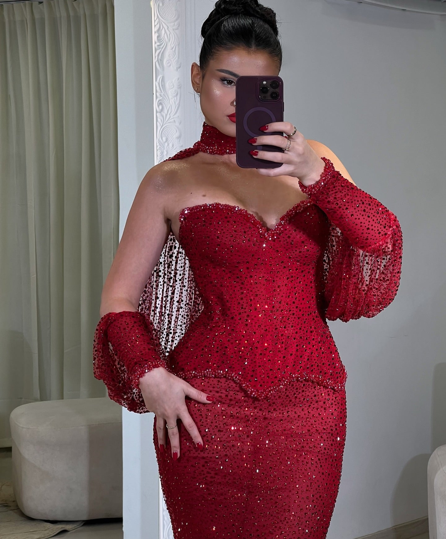 Luxury High Neck Cape Sleeve Lace Sequins Sparkle Mermaid Prom Dress