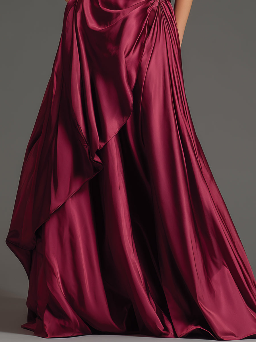 Burgundy One-Shoulder Floral Draped Couture Evening Dress