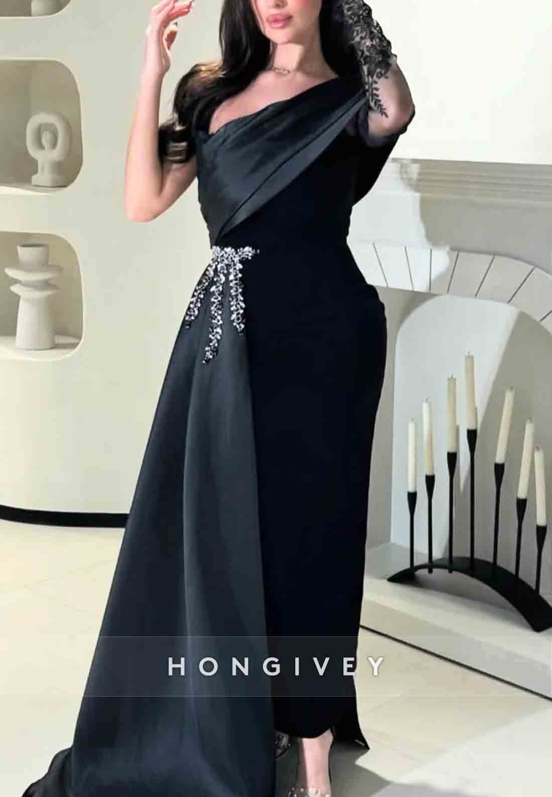 One shoulder Appliqued Formal Gowns Side Draping Asymmetrical Evening Gown