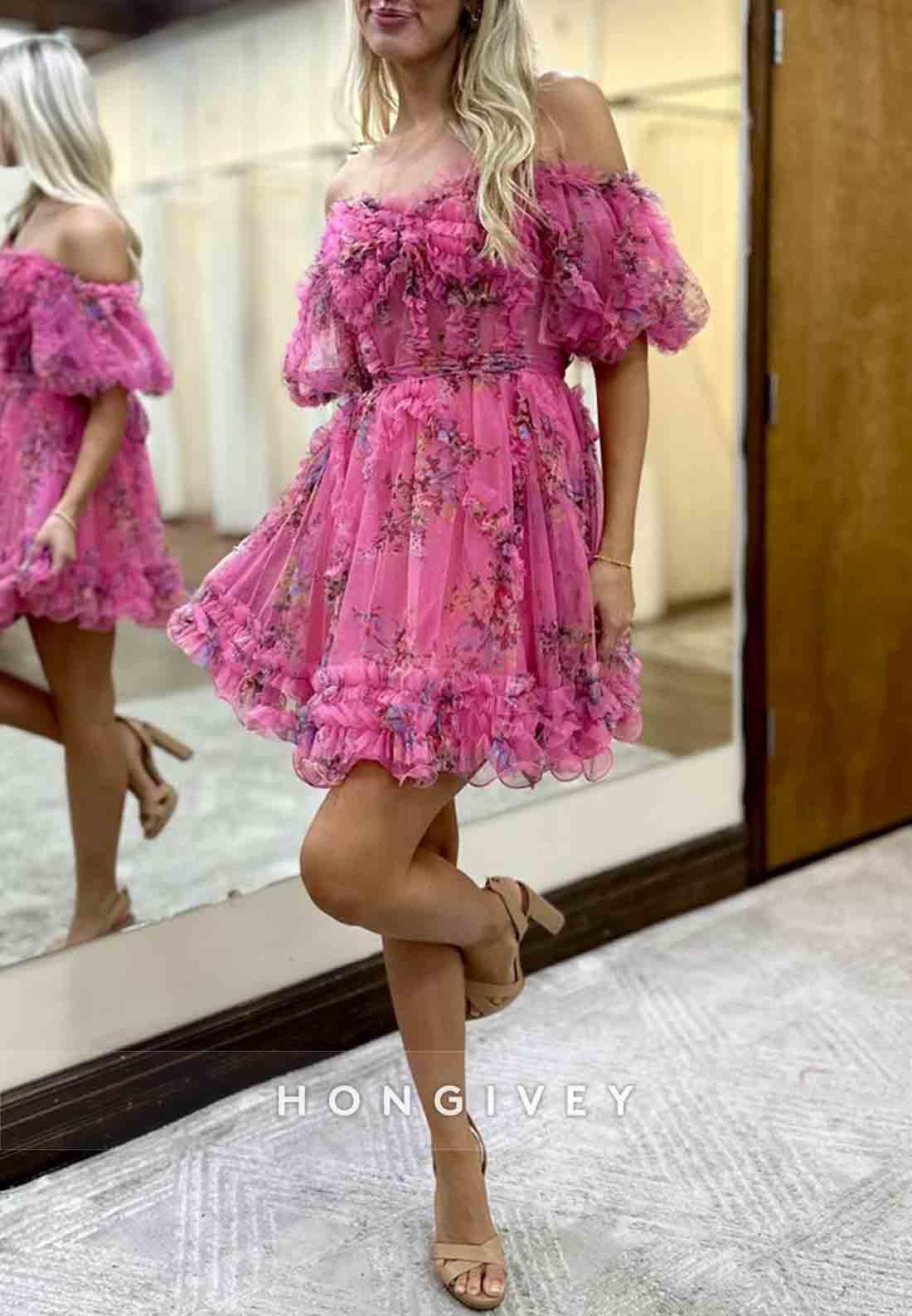 Floral Print Off the Shoulder A-Line Sweetheart Ruched Short Homecoming Dresses