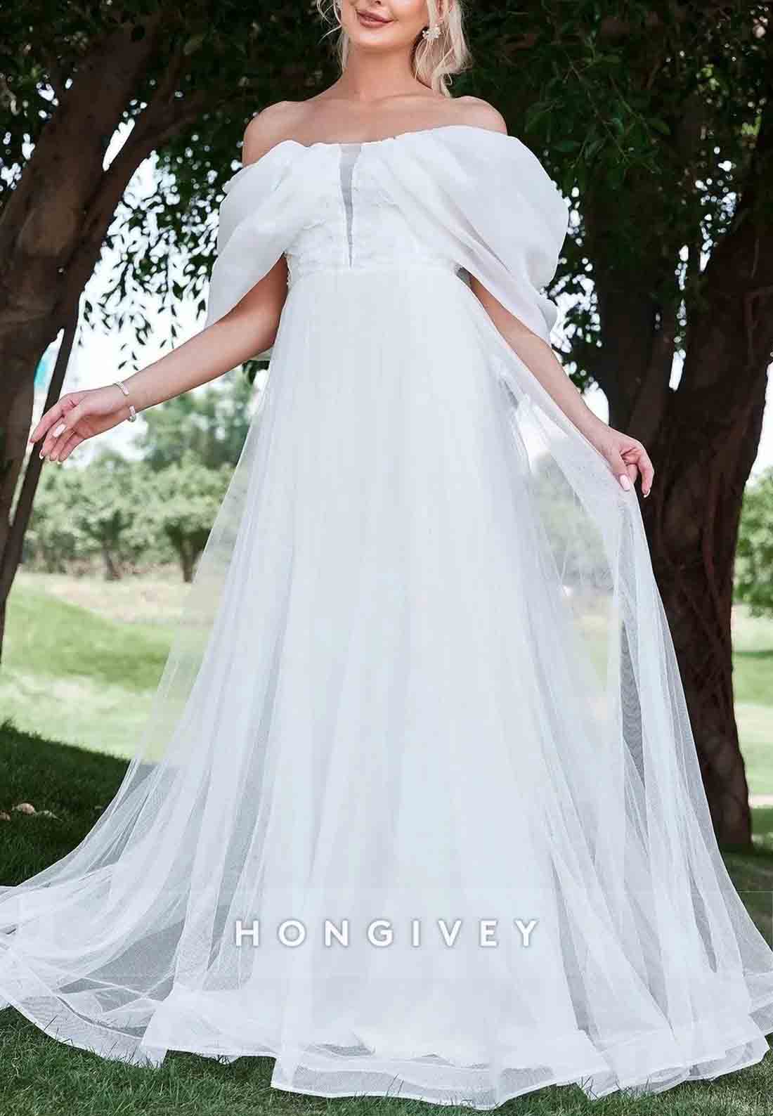 Floor-Length Off the Shoulder A-Line Tulle Shawl Wedding Dress