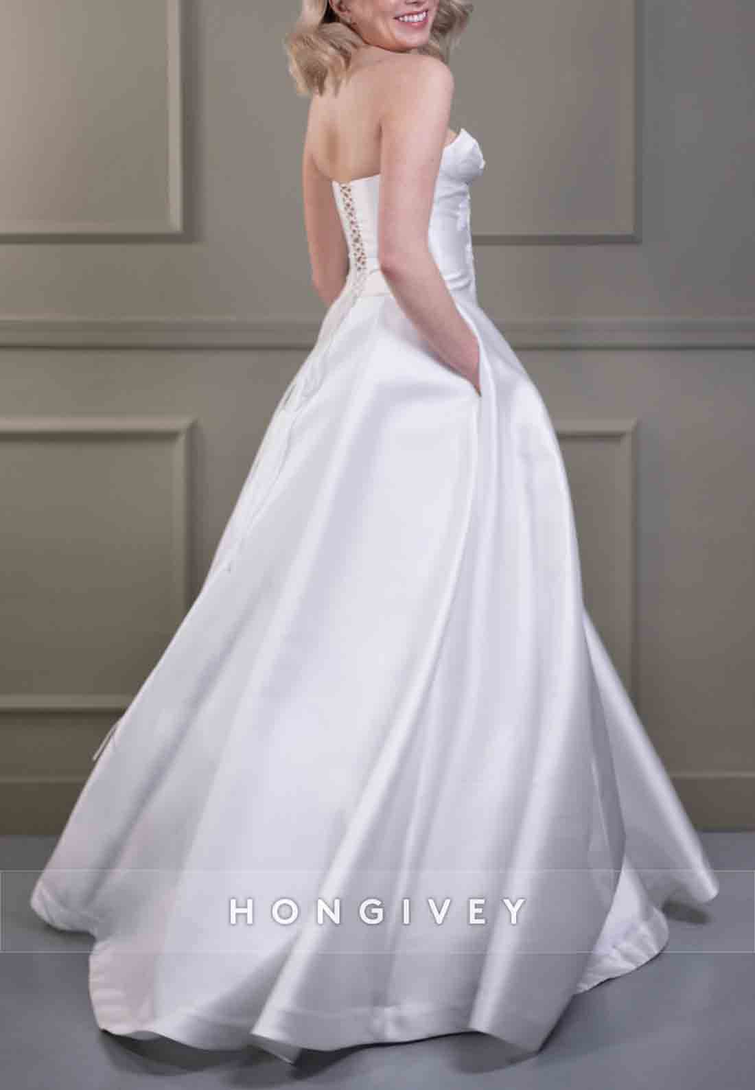 Off the Shoulder Princess Sweep Train Bowknot Satin Wedding Dresses