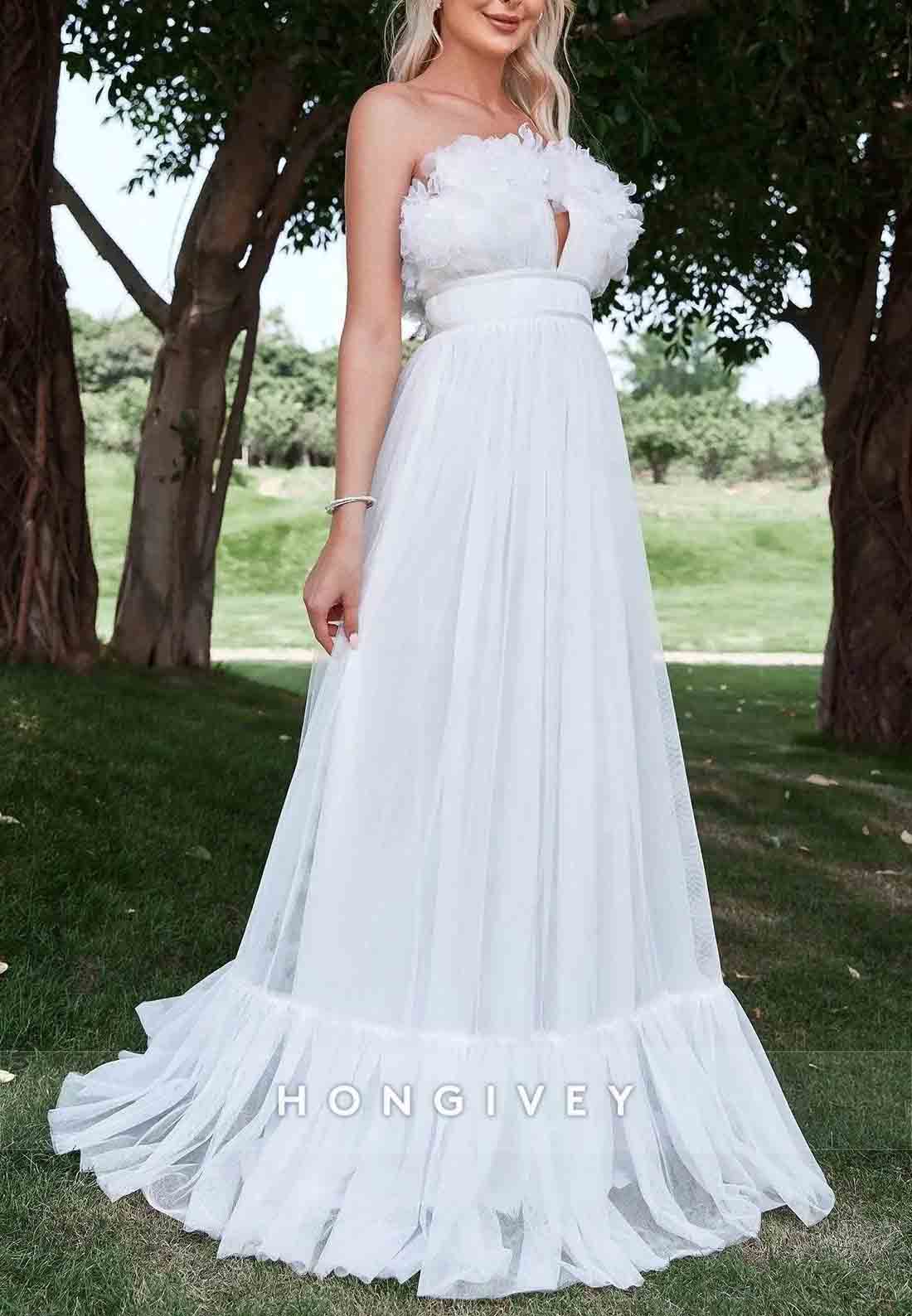 Floral Trim Layered Hem Mesh Tube Floor-Length Ruched Strapless Wedding Dress