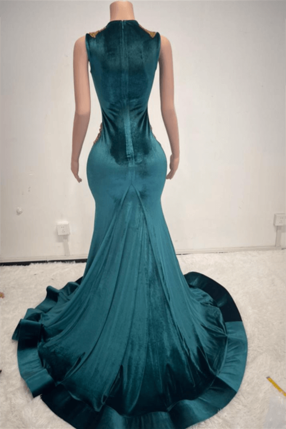 Ink Blue Scoop Sleeveless Mermaid Prom Dress Velvet Long With Beadings