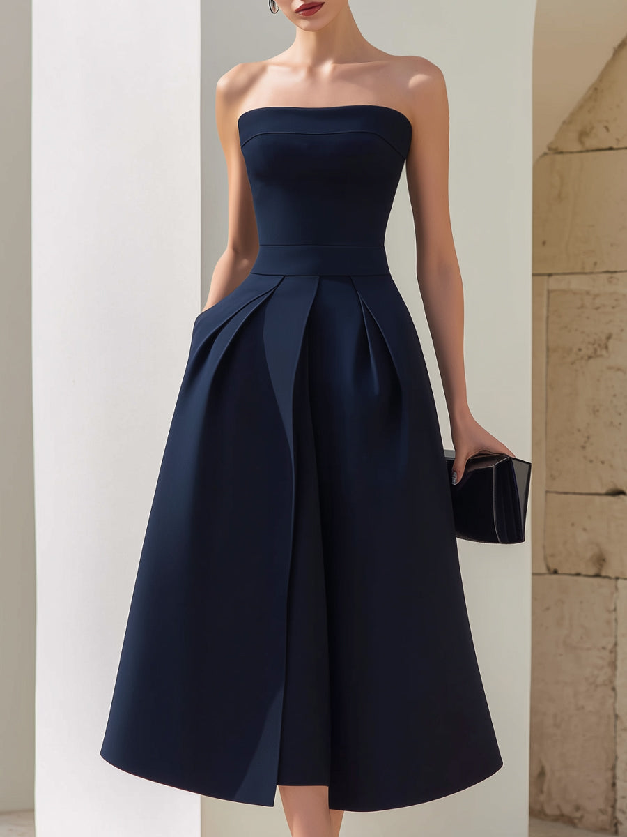 strapless a line midi dress Structured A-Line Pleated Sherri Hill Dress 57764 and black floral appliques 100-and-over Color:Twilight