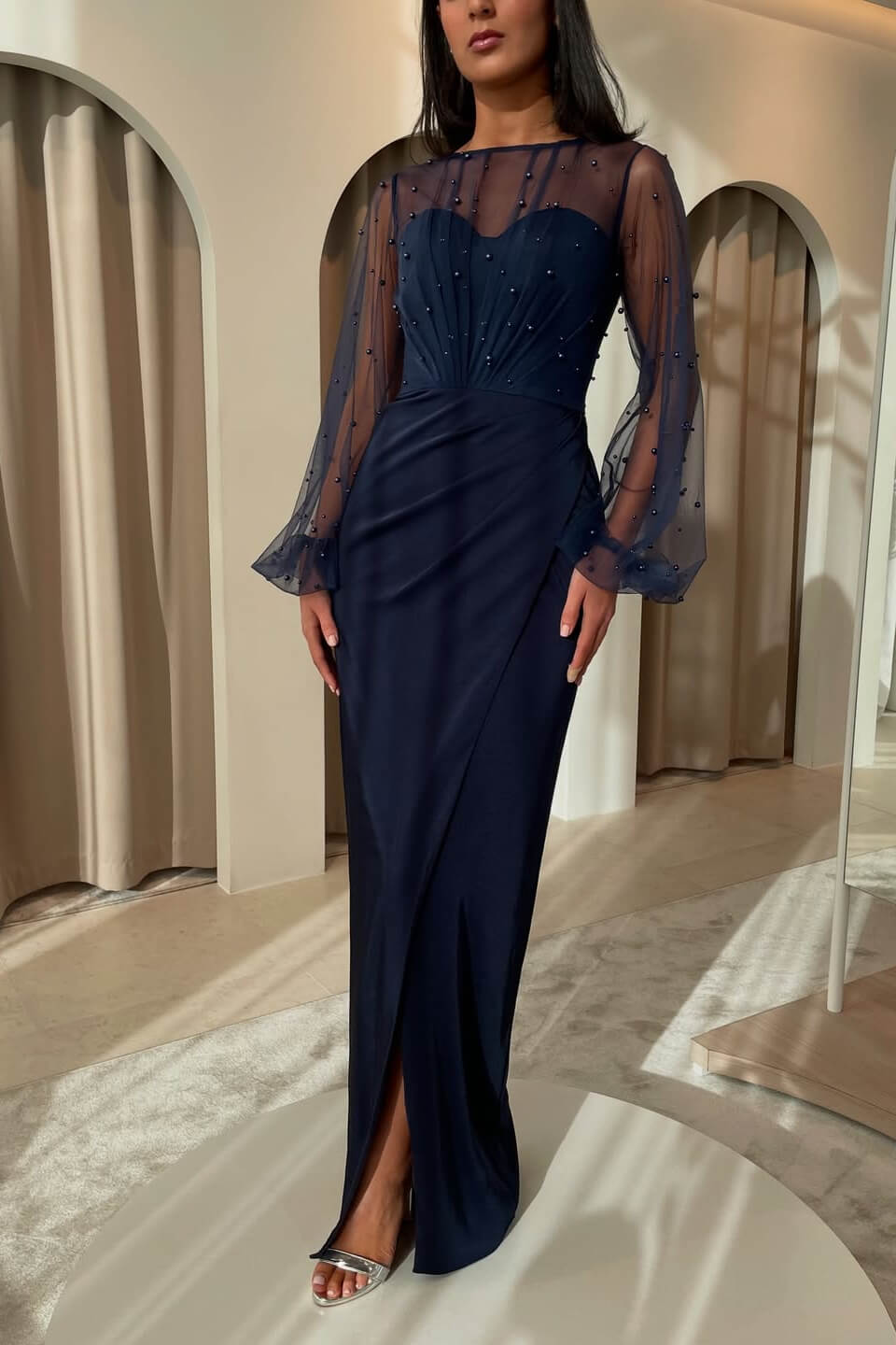 Dark Navy Long Sleeves Sheath Prom Dress Split With Pearls