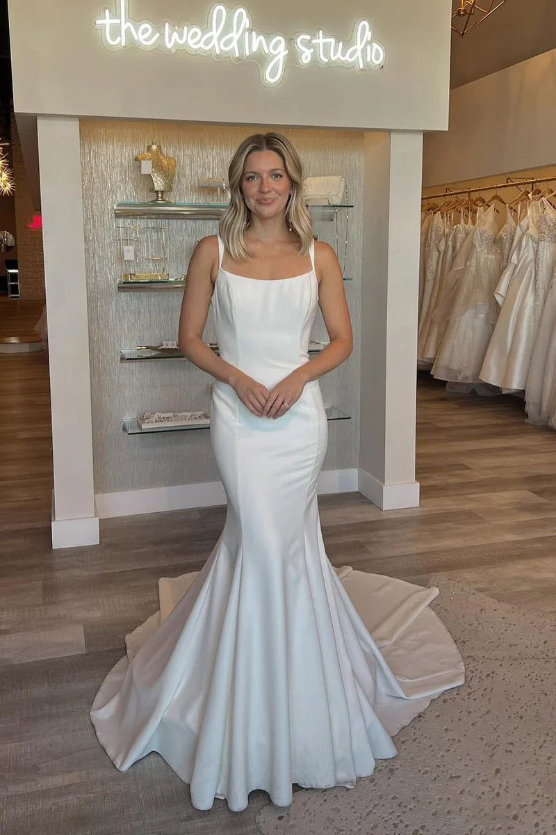 Elegant Mermaid Scoop Neck Satin Long Wedding Dresses