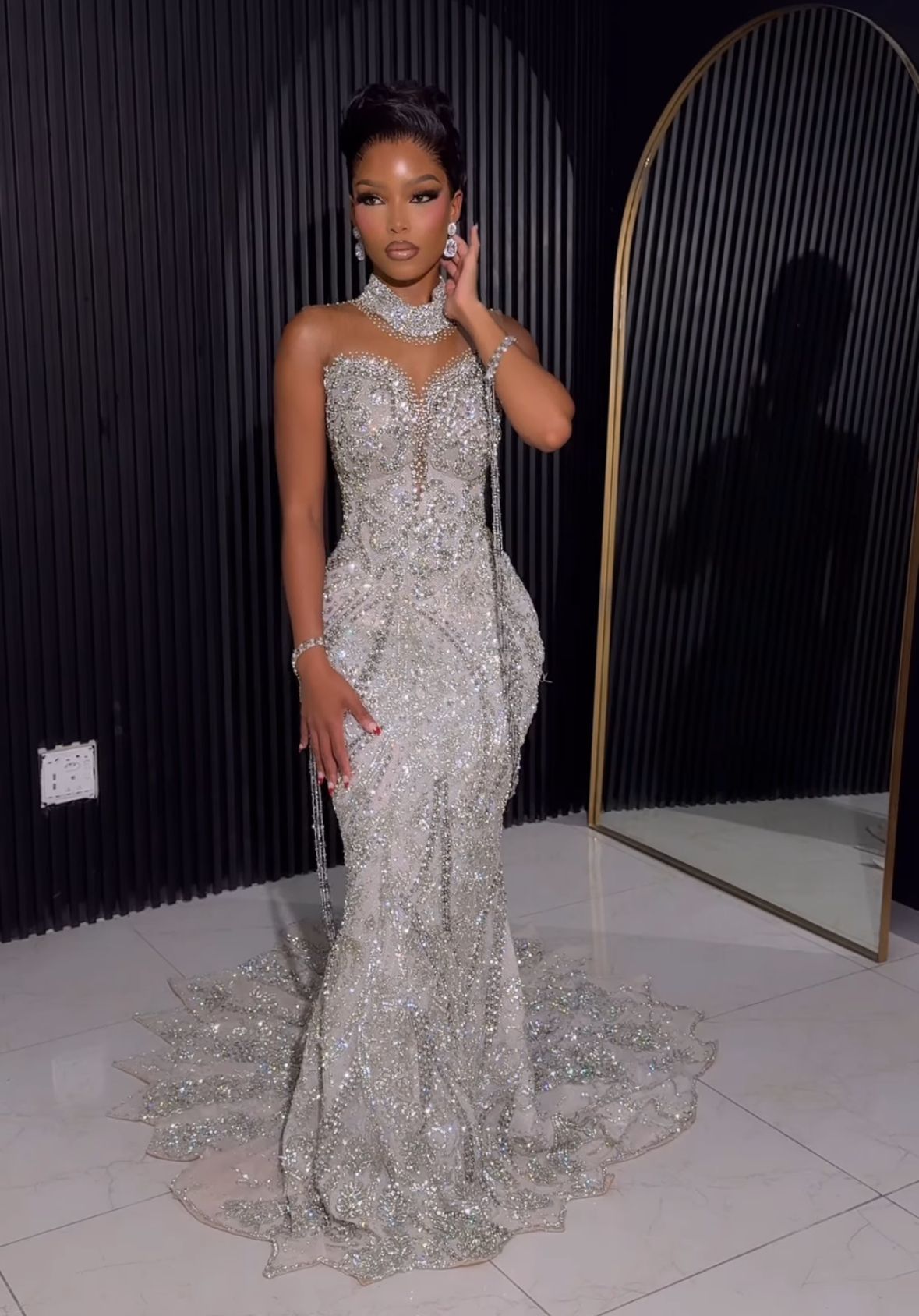 Modest Mermaid High Neck Silver Sequin Prom Dresses With Beads Gem Evening Party Formal Gown Birthday