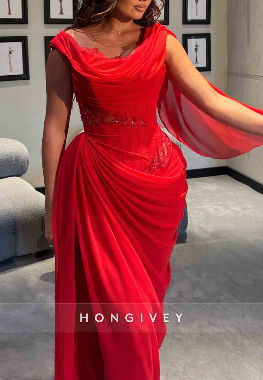 Red Cowl Neck Sleeveless Floor-Length Side Draping Evening Gowns with Ruffles