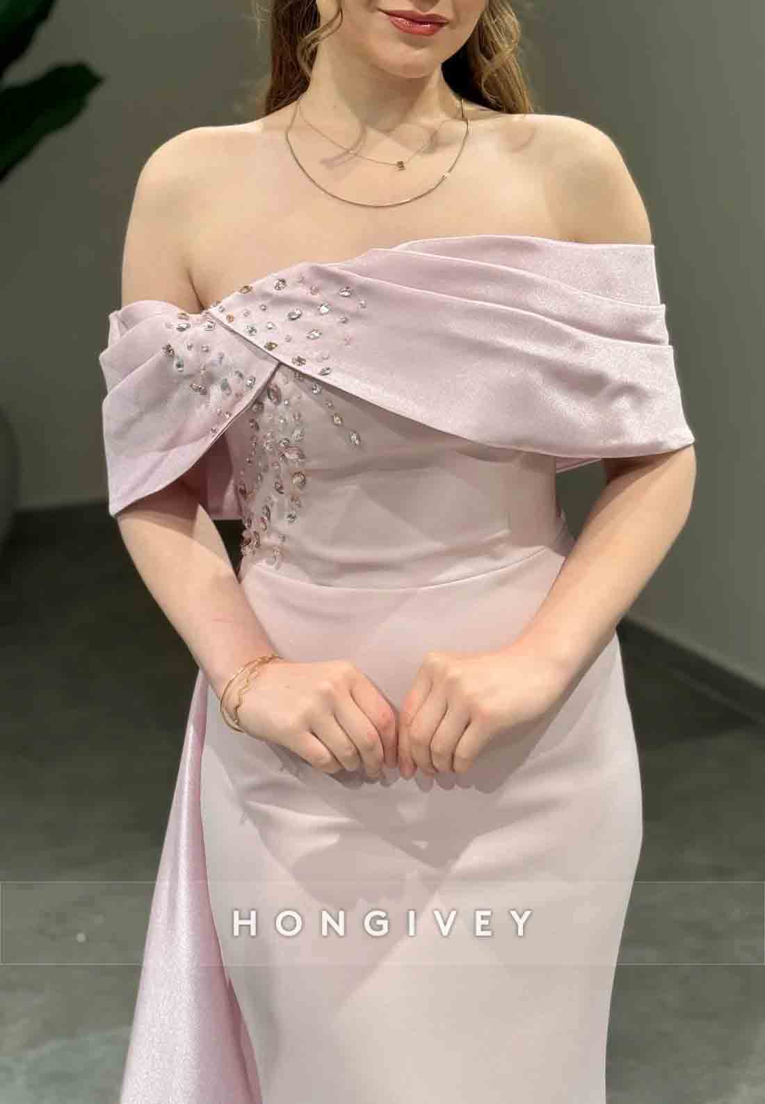 Off the Shoulder Trumpet Side Draping Pleated Rhinestone Evening Gowns