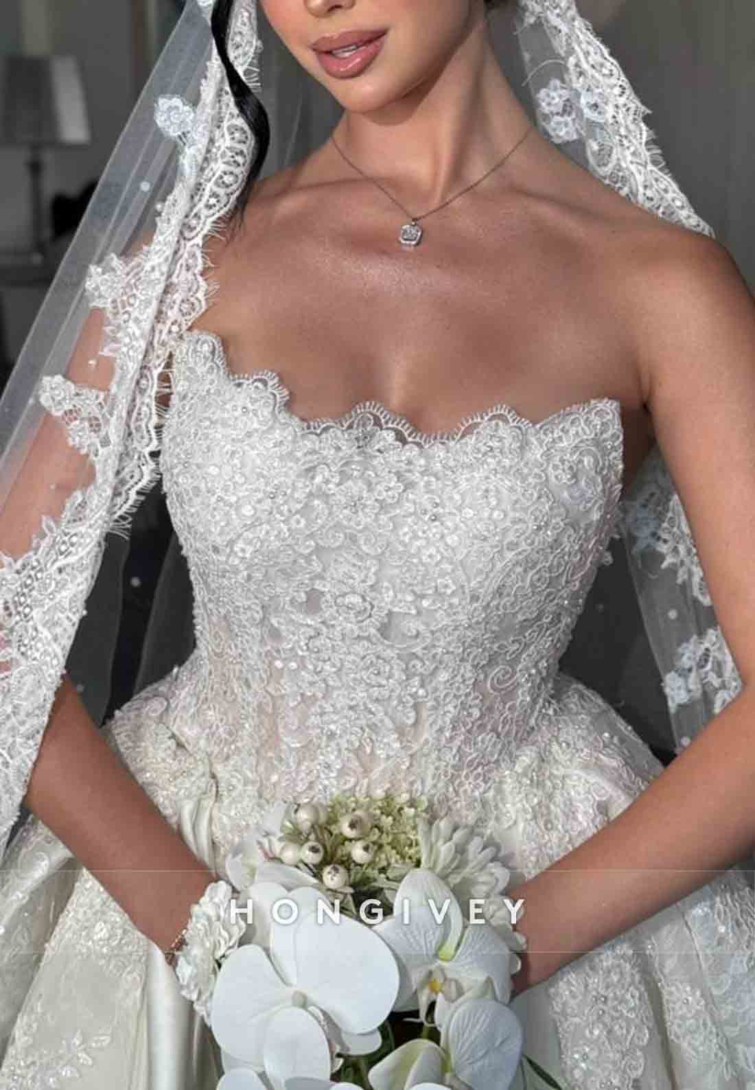 Strapless A-Line Lace Satin Chapel Train Wedding Dresses with Beading