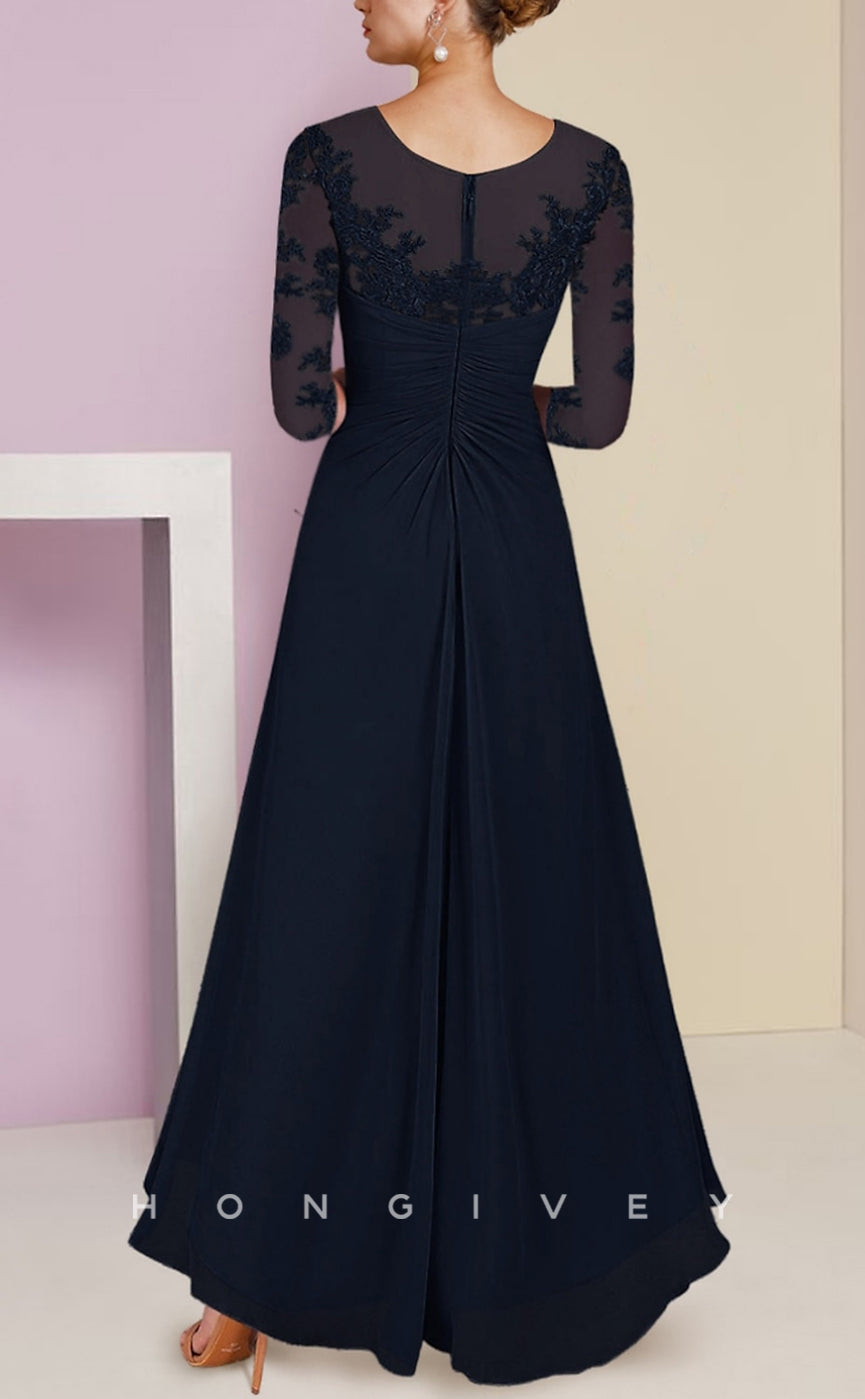 HM197 - A-Line Scoop 3/4 Sleeves Appliques Ruched Mother of the Bride Dress