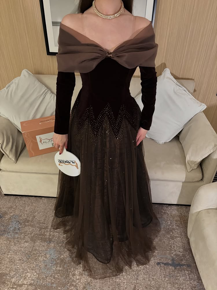 Tulle Off the Shoulder Long Sleeve Beaded A-Line Floor-Llength Evening Dress