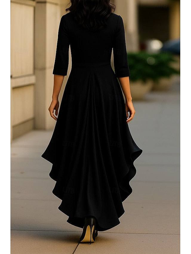 V-Neck 3/4 Sleeve A-Line Bow Ankle-Length Ruched Evening Dress