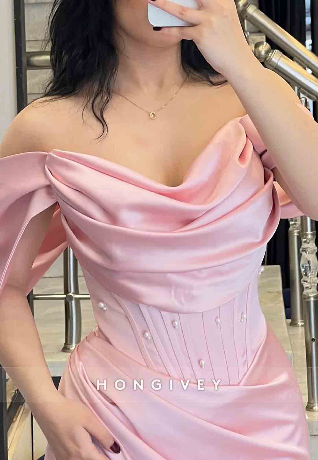 Off the Shoulder Side Slit Satin Ruched Trumpet Floor-Length Evening Gowns