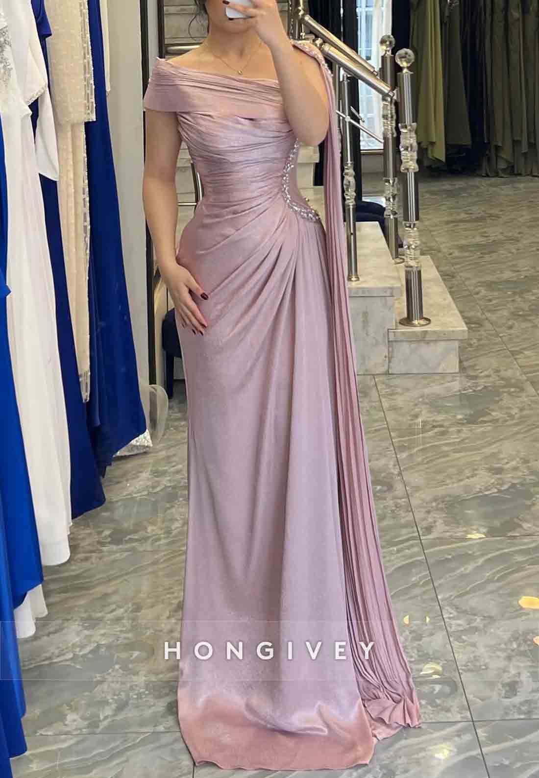 Side Draping Column Pleated Floor-Length Cap Sleeves Evening Gowns