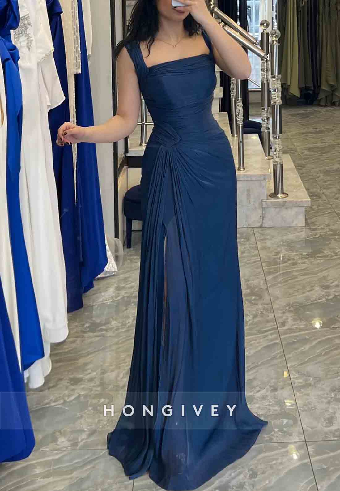 Cap Straps High Slit Navy Blue Square Neck Pleated Floor-Length Evening Gowns
