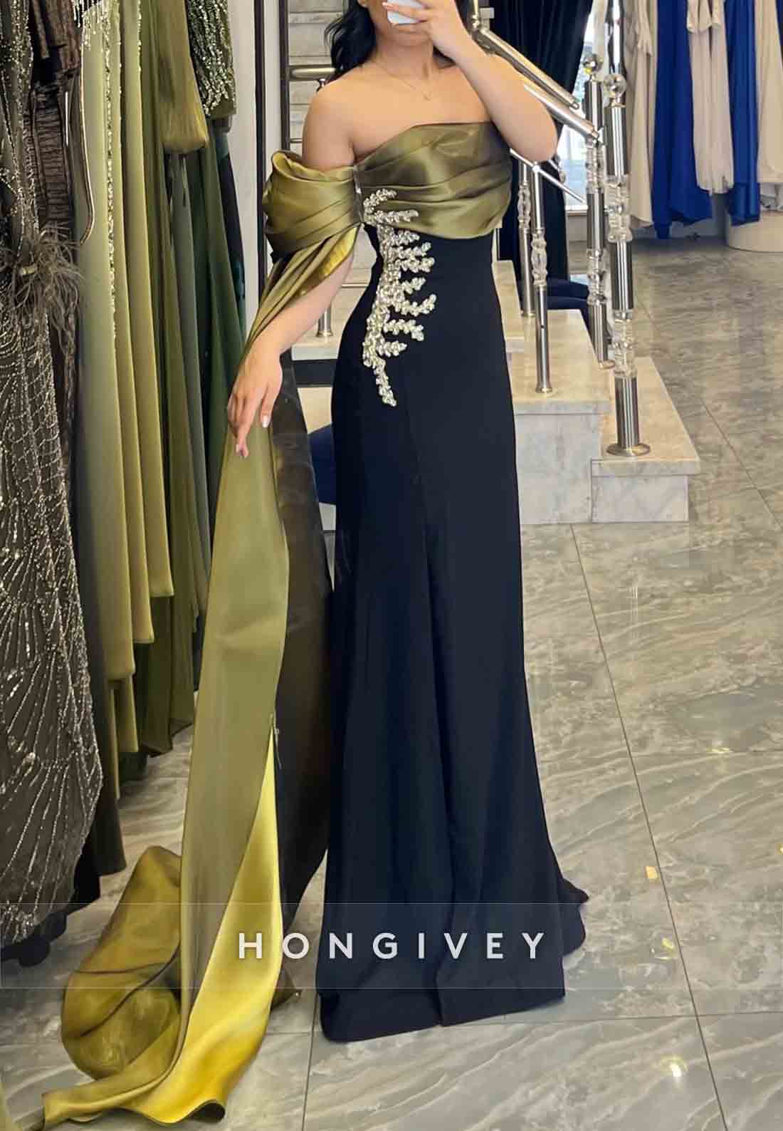 Off the Shoulder Appliqued Side Draping Floor-Length Evening Gowns