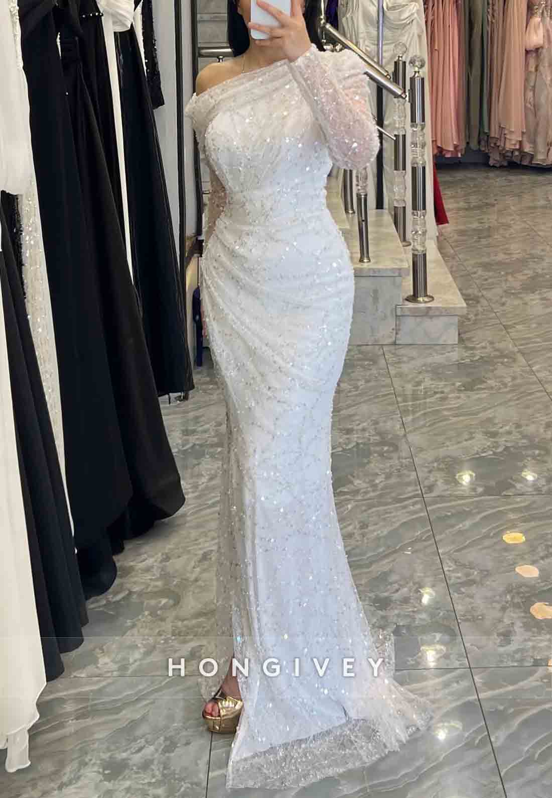 One Shoulder Mermaid Floor-Length Long Sleeves Glitter Evening Gowns with Side Slit