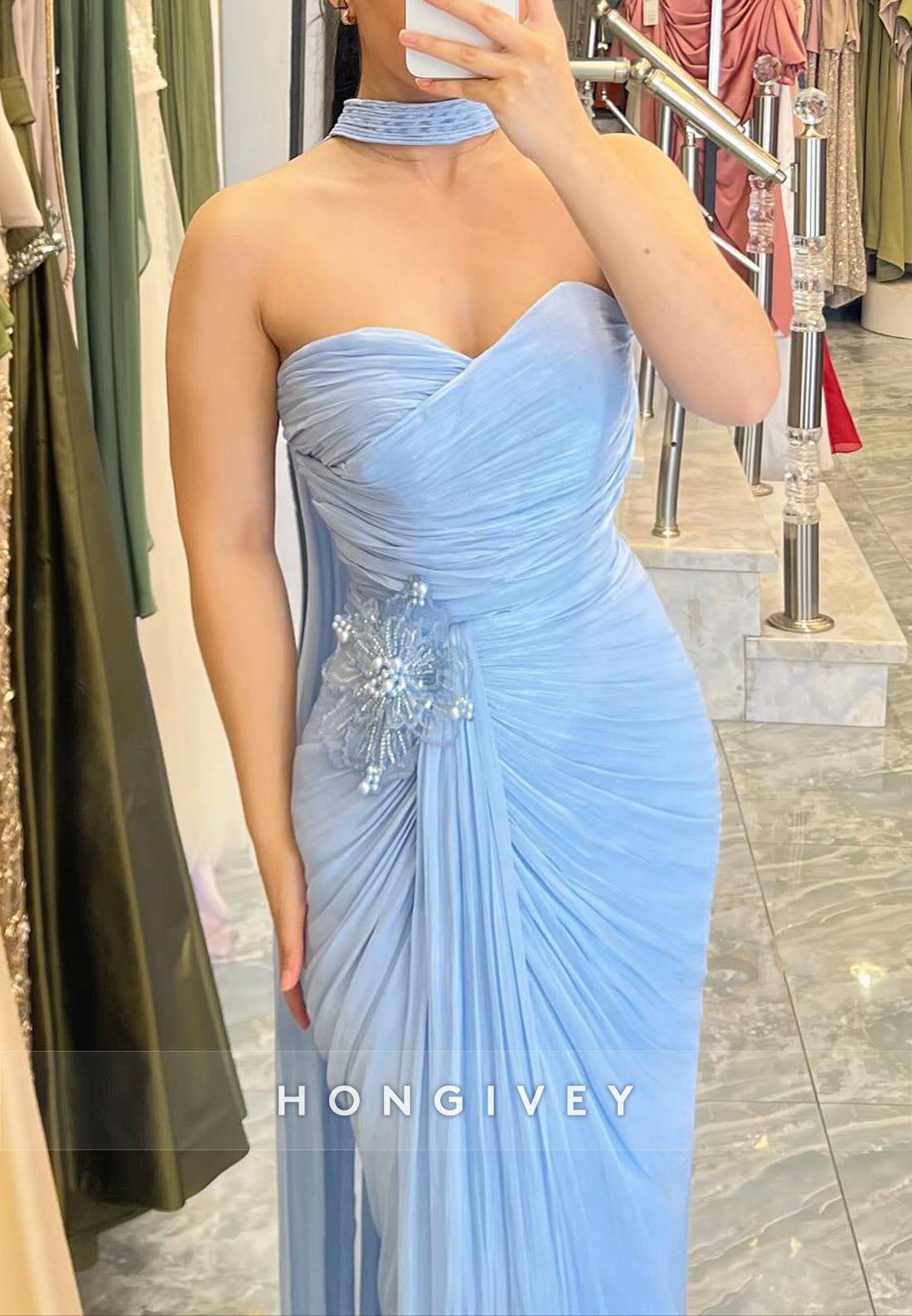Blue Sweetheart Appliqued Side Draping Floor-Length Sheath Evening Gowns