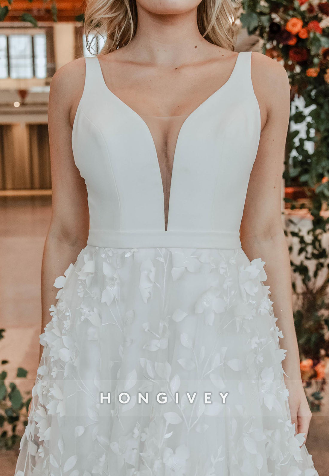 V Back A-Line Regular Straps Court Train Wedding Dresses with Appliques