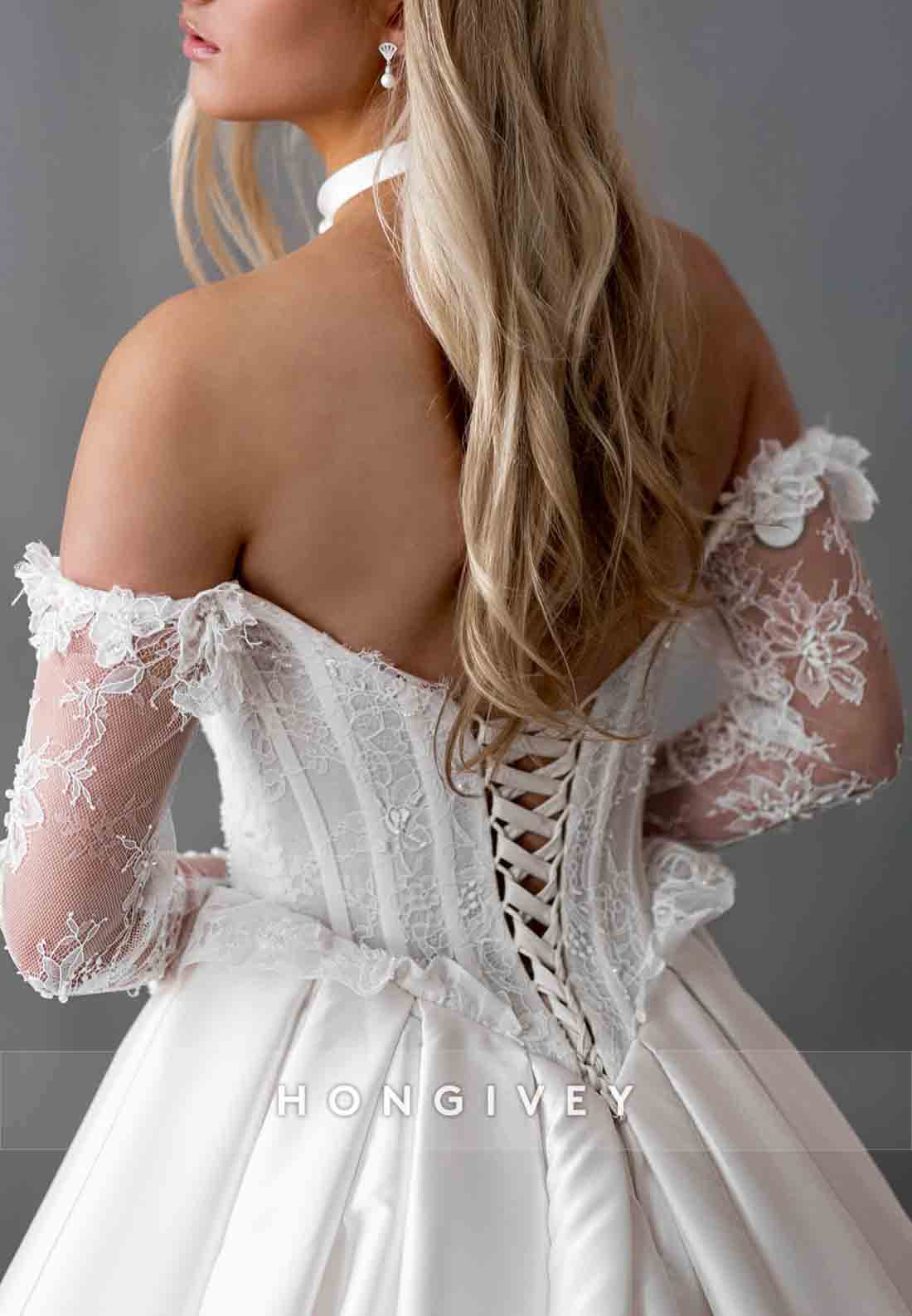Off the Shoulder Lace Bridal Princess Court Train Long Sleeves Wedding Dresses