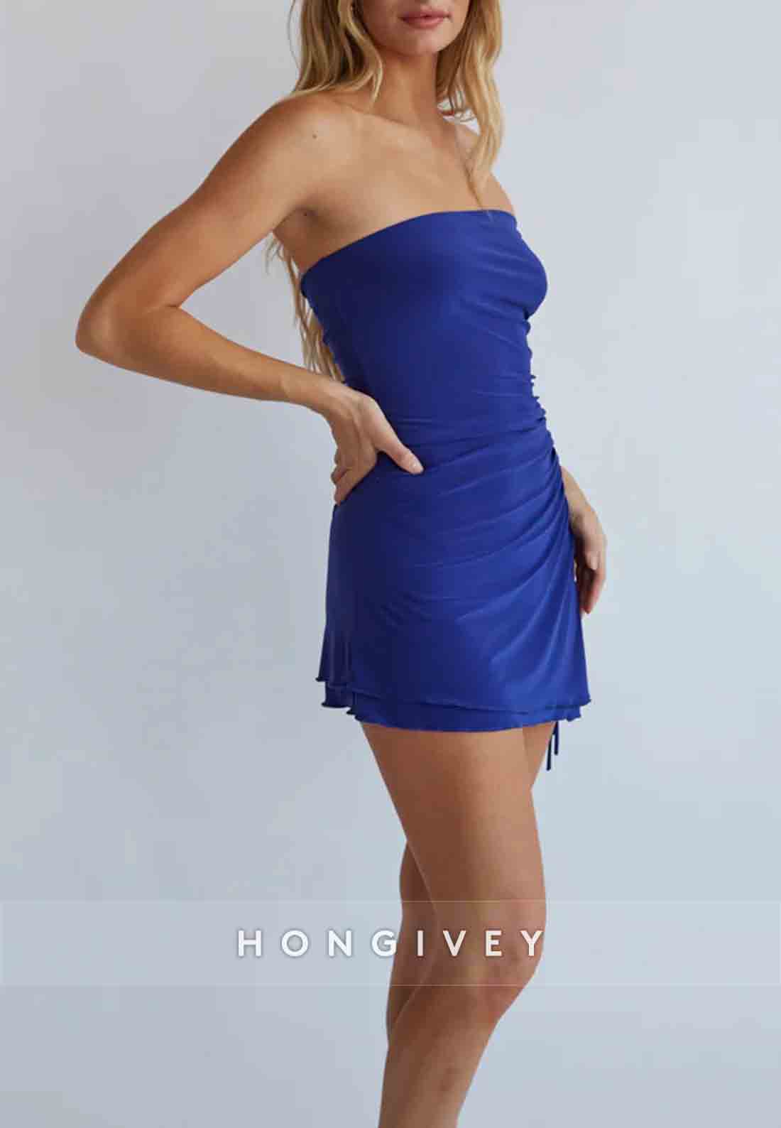 Simple Strapless Asymmetrical Pleated Simple Mini Homecoming Dress