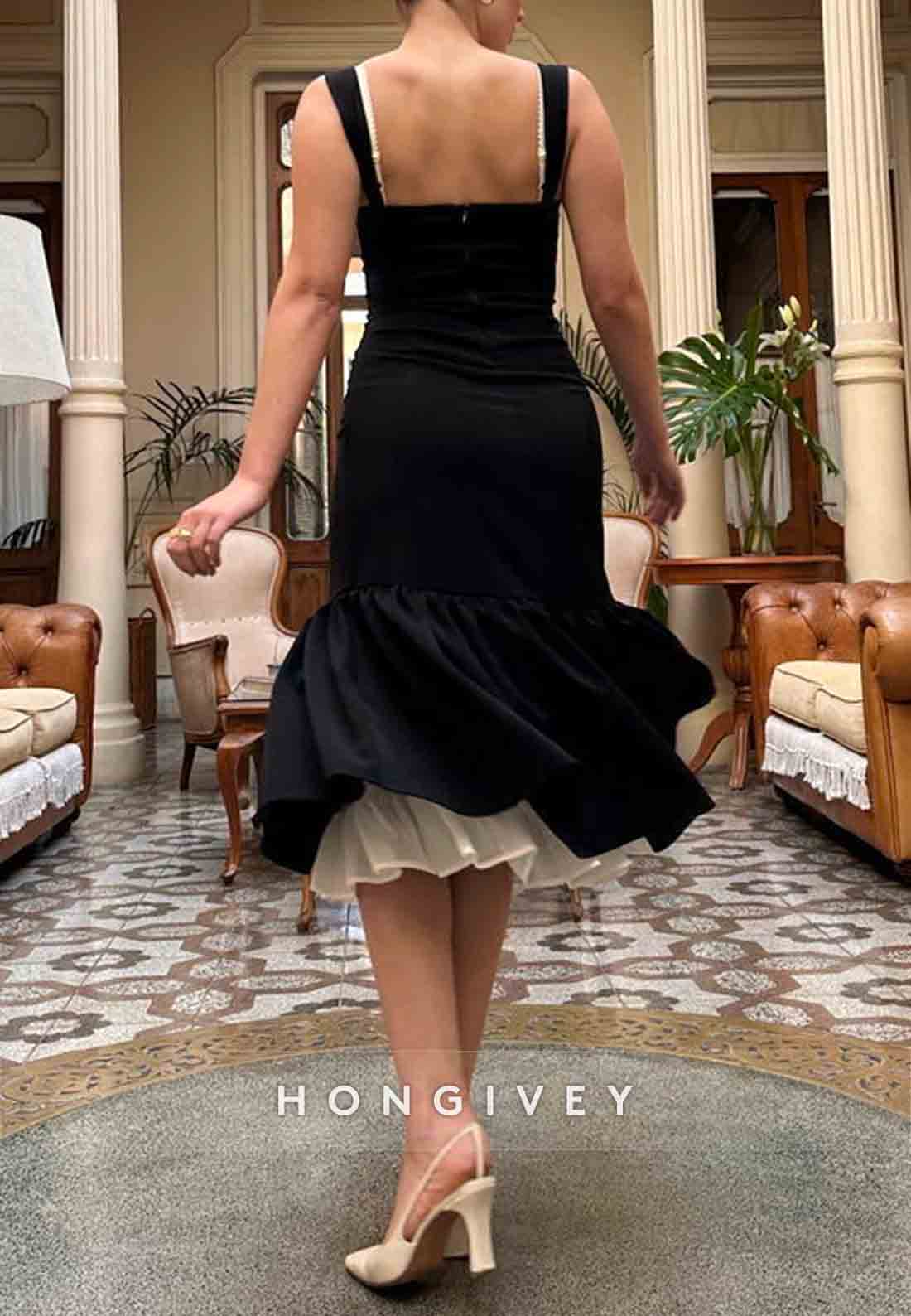 Tea-Length A-Line Regular Straps Cocktail Dresses Simple Pleated Sleeveless Evening Gowns