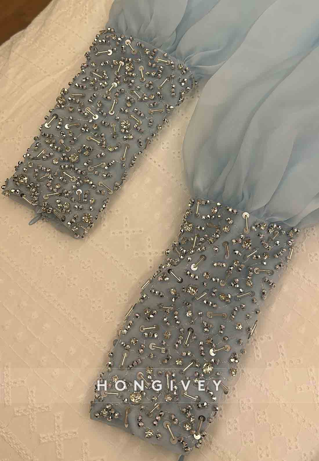 Spaghetti Straps Floor-Length Low Back Trumpet Evening Gowns with Beading Sleeves