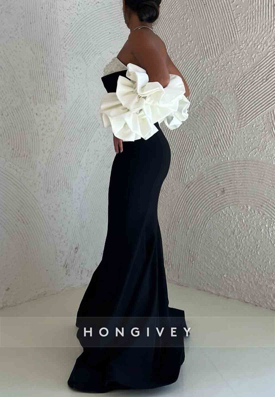 Black Strapless Sweetheart Floor-Length Trumpet Evening Gowns with Sleeves