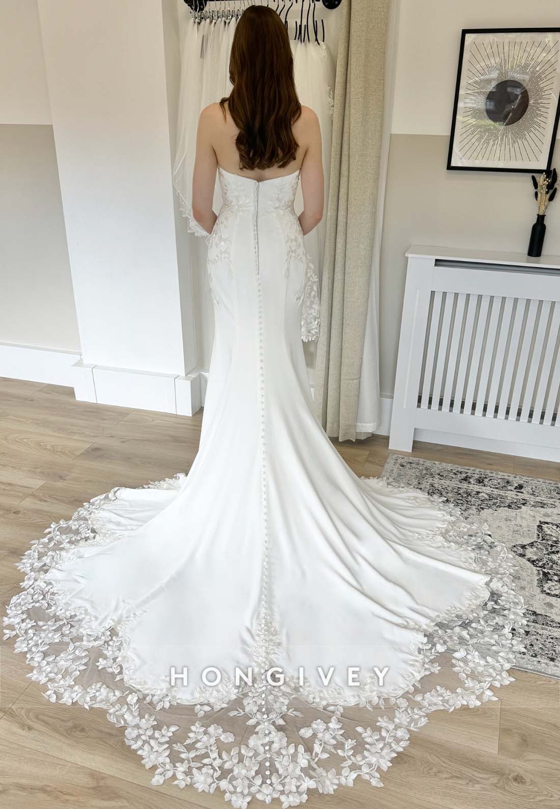 Pleated Strapless Chapel Train Watteau Train Mermaid Wedding Dresses