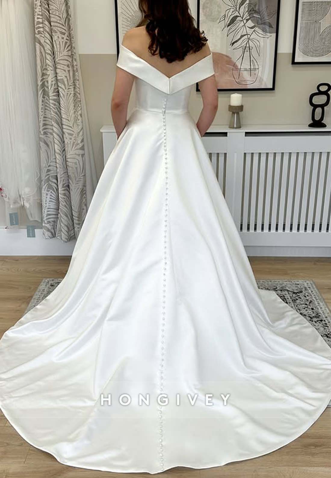 Simple Court Train A-line Satin Off the Shoulder V Back Pleated Wedding Dresses