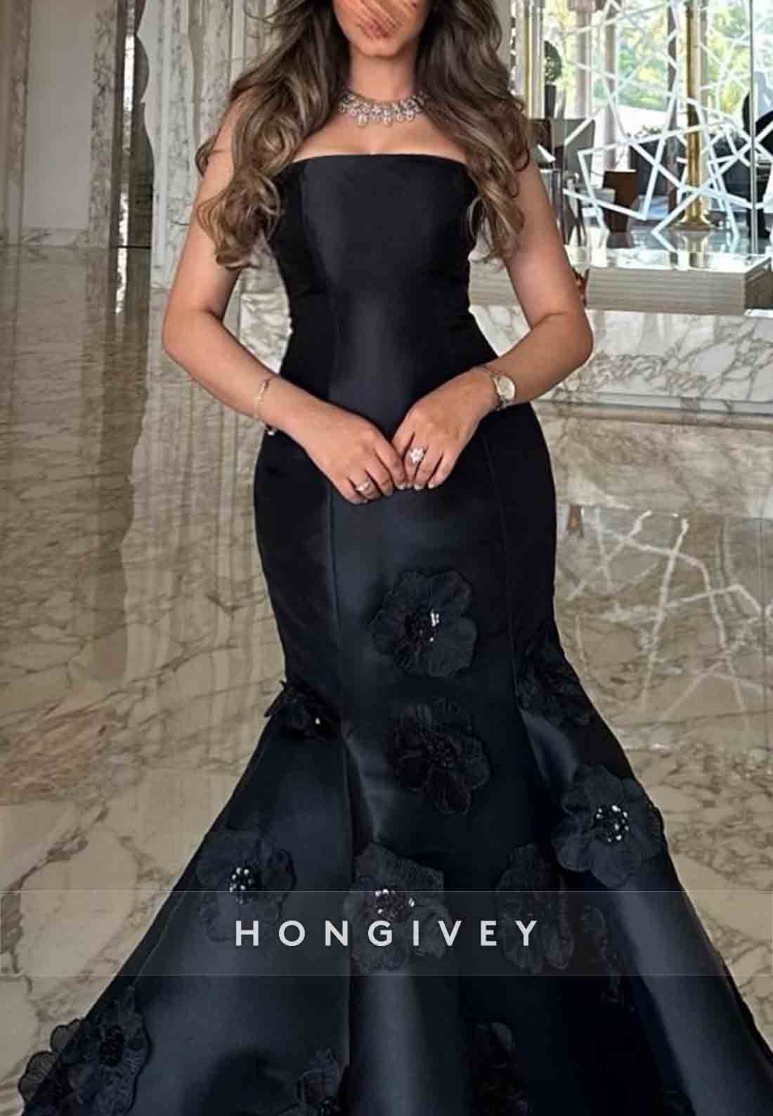 Strapless Flowers Sleeveless Trumpet Tie Back Floor-Length Pleated Evening Gowns