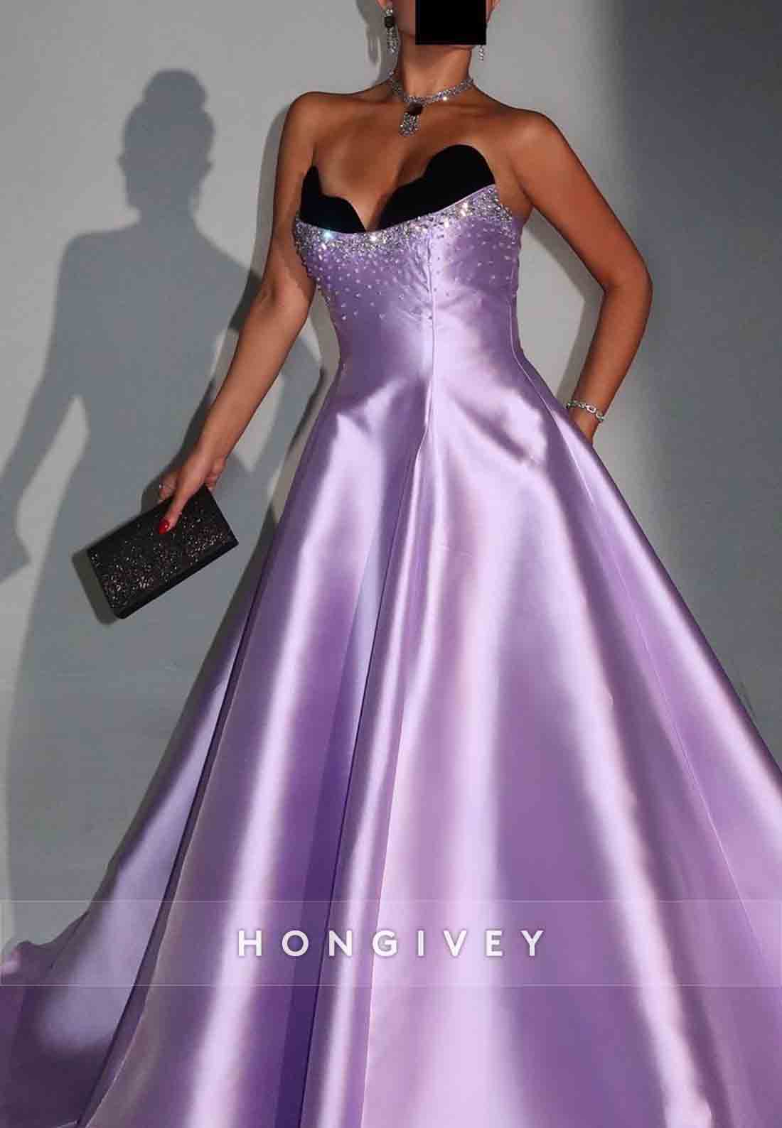 Scalloped Satin Neck Sleeveless Pleated Strapless Court Train Princess Evening Gowns