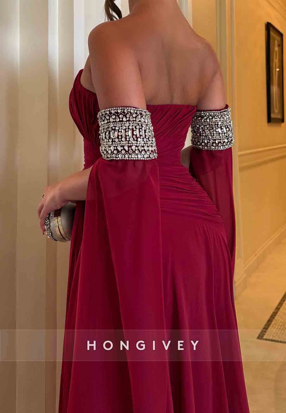 Burgundy Pleated Strapless Floor-Length Side Draping Empire Evening Gowns
