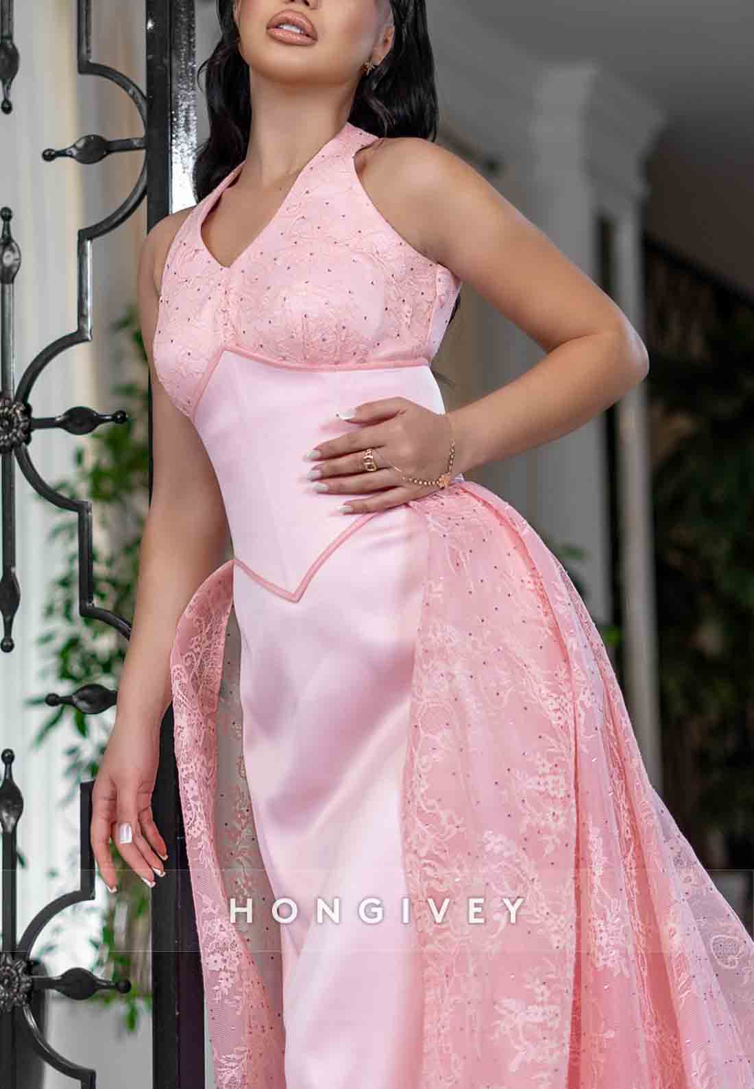 Crisscross Back Halter Sleeveless Lace Floor-Length Satin Sheath Evening Gowns