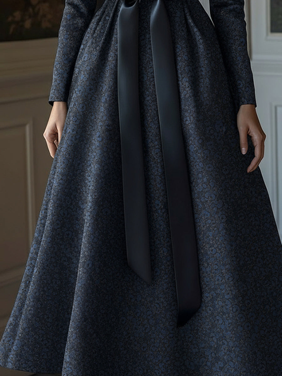 Navy Jacquard Long Sleeves A-Line Evening Gown With Satin Bow