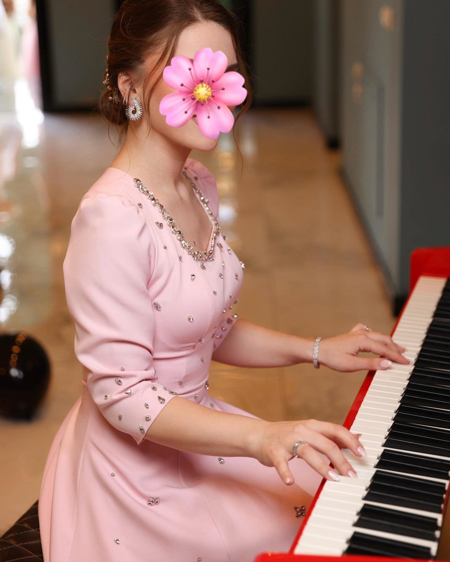 Pink Beaded Sparkle Square Neck 3/4 Sleeve A-Line Evening Dress Foraml Women