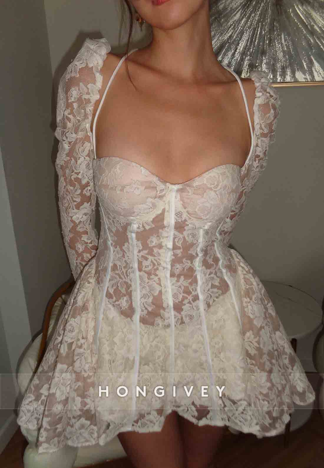 Lace A-Line Long Sleeves Tie Back Sweetheart Short Wedding Dresses