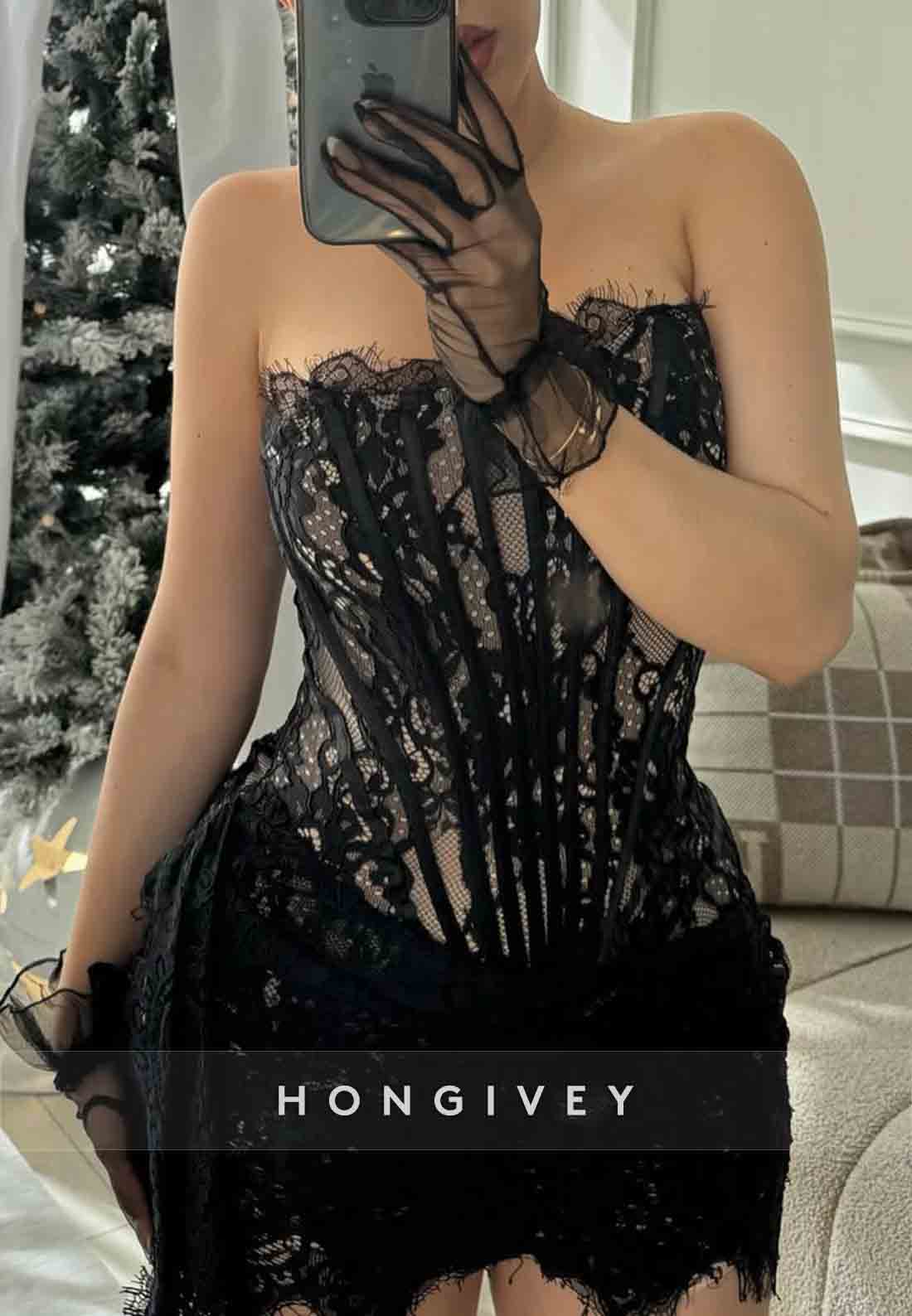 Sexy Lace Strapless Mini Side Draping Pleated Sleeveless Homecoming Dresses