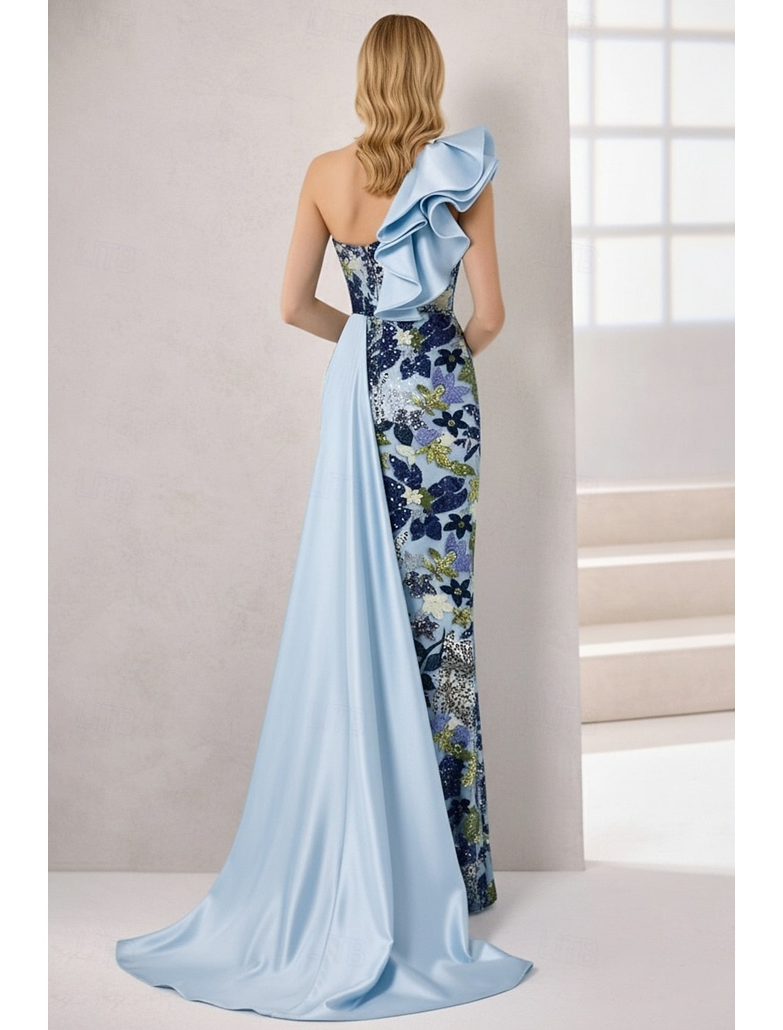 One Shoulder Sleeveless Flowers Floral Print Mermaid Evening Dress