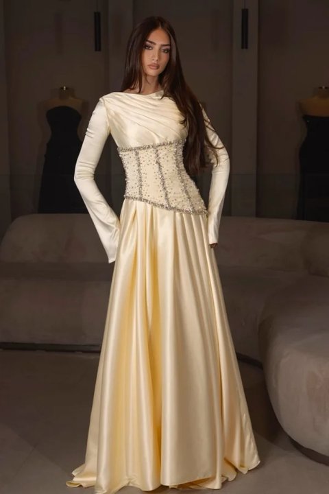 Satin Long Sleeves High Waist Long Evening Dress With Pleated And Beading Pearls