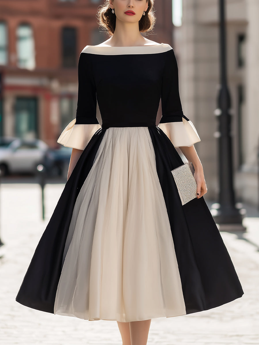 Off-Shoulder Contrast Panel Flared Midi Dress