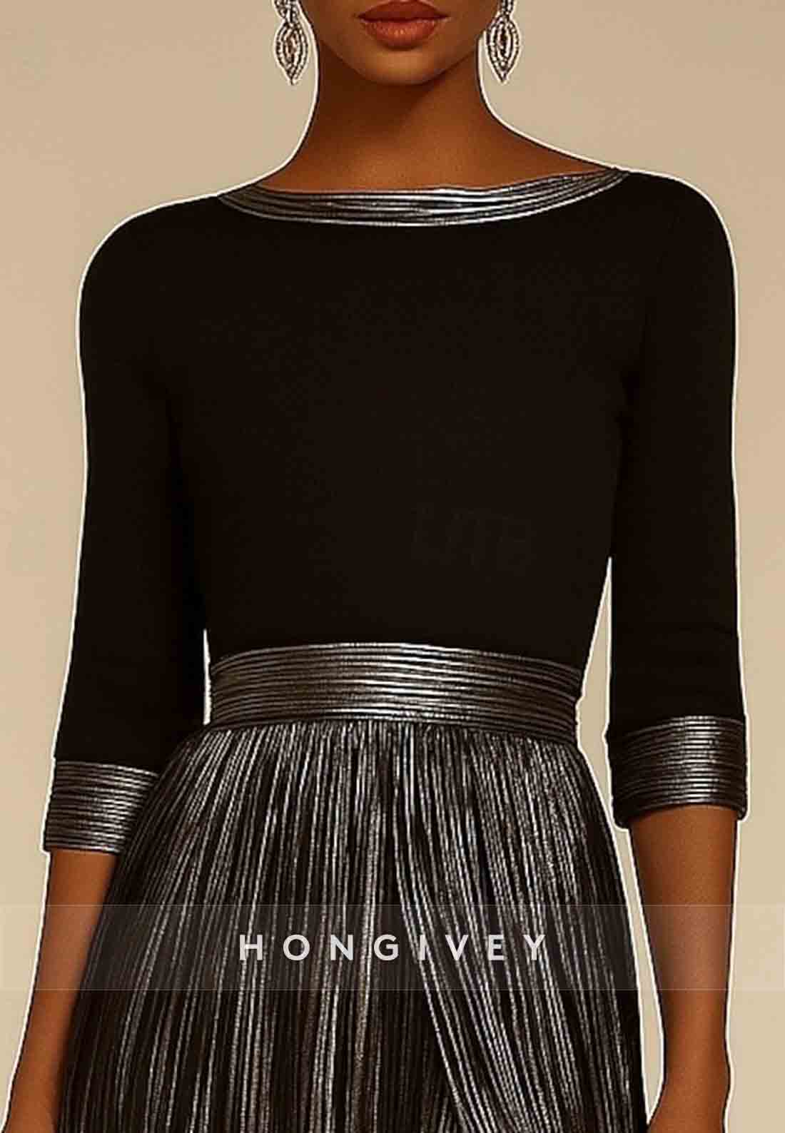 A-Line Black Gold Half Sleeves Floor Length Evening Gown with High Slit